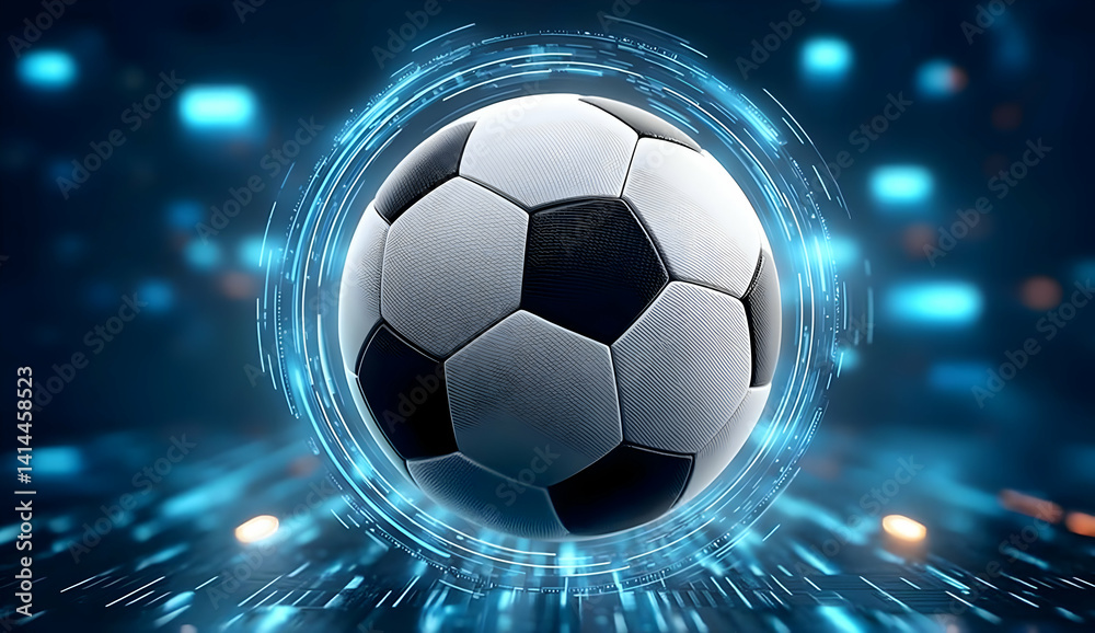 Naklejka premium A dynamic and modern soccer ball surrounded by a high-tech digital aura, symbolizing the excitement and energy of the game and its global appeal.