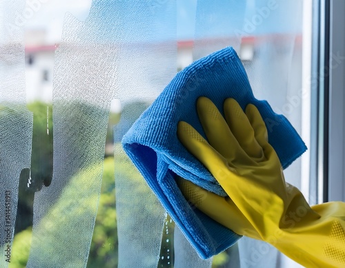 Woman Housekeeper in Protective Gloves Cleaning Window – Home Care Concept