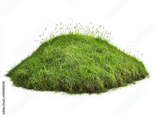 Lush green grass mound on white backdrop evoking natural beauty and freshness ideal for landscaping design and environmental themes