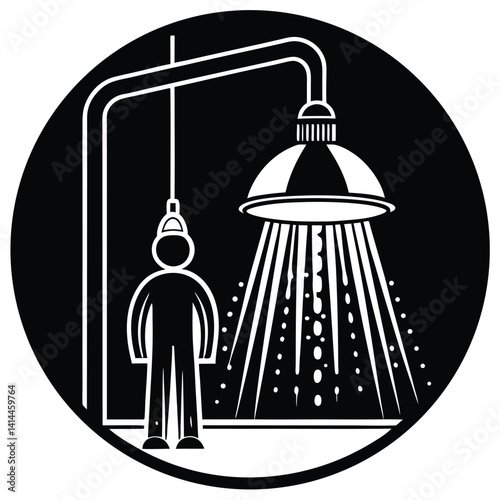 Shower Icon Vector Illustration: Black and White Graphic of Person Taking a Shower, Bathroom Fixture, Cleanliness Symbol