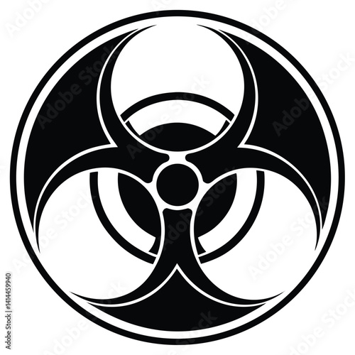 Black and White Biohazard Symbol Vector Illustration: Toxic Waste, Biological Hazard Warning Sign, Circular Design, Safety Icon