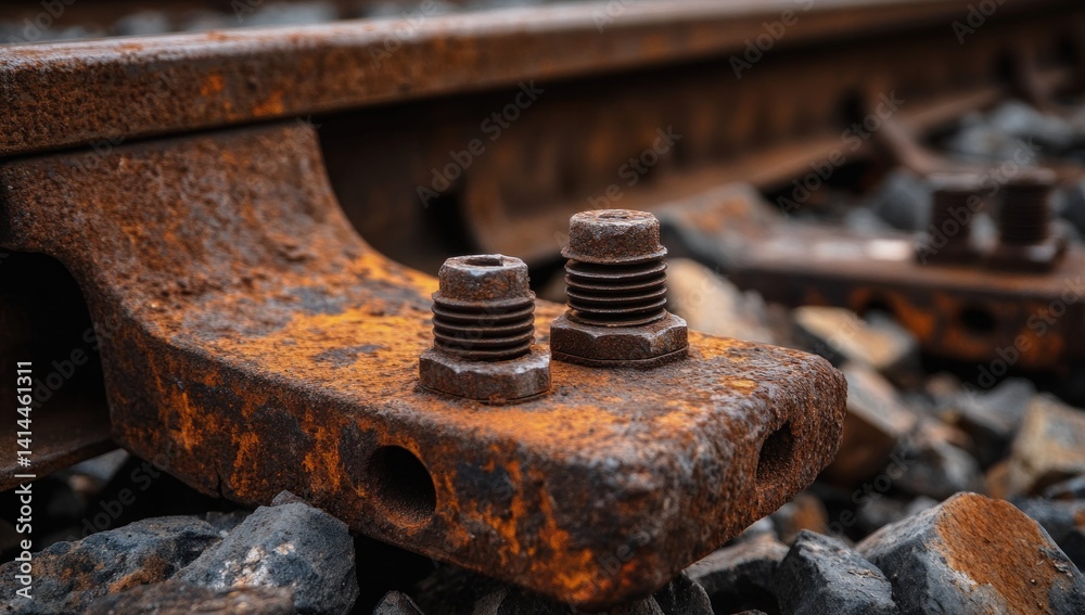 Rusty Railroad Details: Close-up of Corroded Railway Track Fasteners Rusty Railroad Details: Close-up of Corroded Railway Track Fasteners