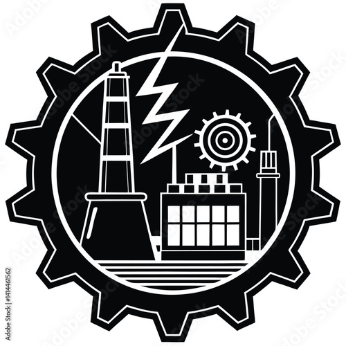 Industrial Icon: Black and White Factory Silhouette in Gear, Power Plant Illustration, Vector Graphic for Manufacturing & Energy Concepts