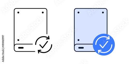 Backup and restore icon in outline and color style, showing a hard drive with circular arrows and checkmark for data recovery and secure backup.