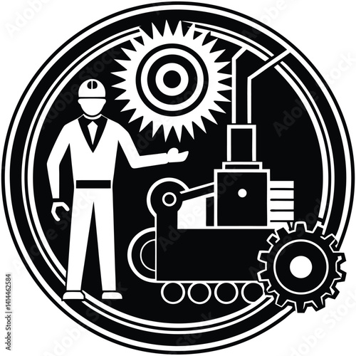 Automation Engineer Logo: Black and White Vector Illustration of Industry, Technology, and Manufacturing with Gear and Worker