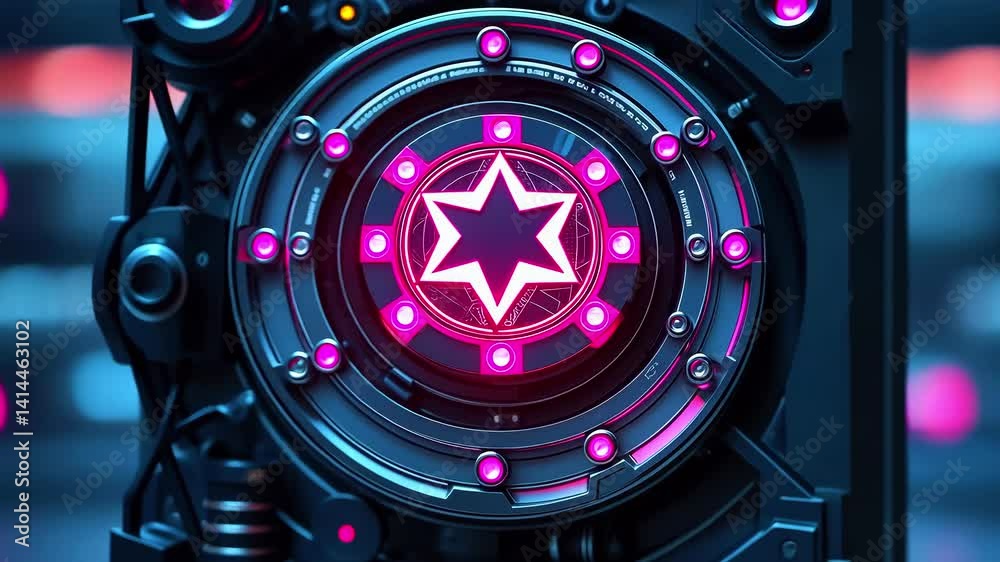 Futuristic technology interface featuring a glowing star emblem surrounded by neon lights