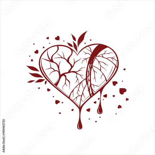 Broken Heart with Veins and Blood Drops – Emotional Pain and Sadness Symbol in Red Vector Design