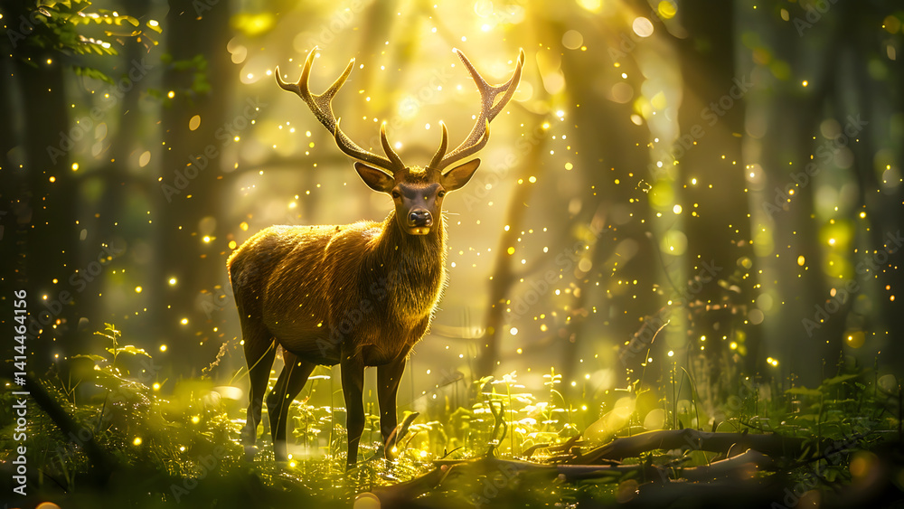 Fototapeta premium Majestic Deer in Sunlit Enchanted Forest with Magic Particles