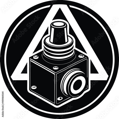 Black and White Graphic Art of a Mechanical Device Inside a Triangle and Circle: Industrial Design Illustration