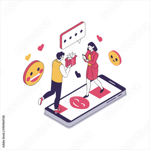 Couple Chatting via Mobile App – Online Dating and Social Media Interaction Isometric Vector Concept