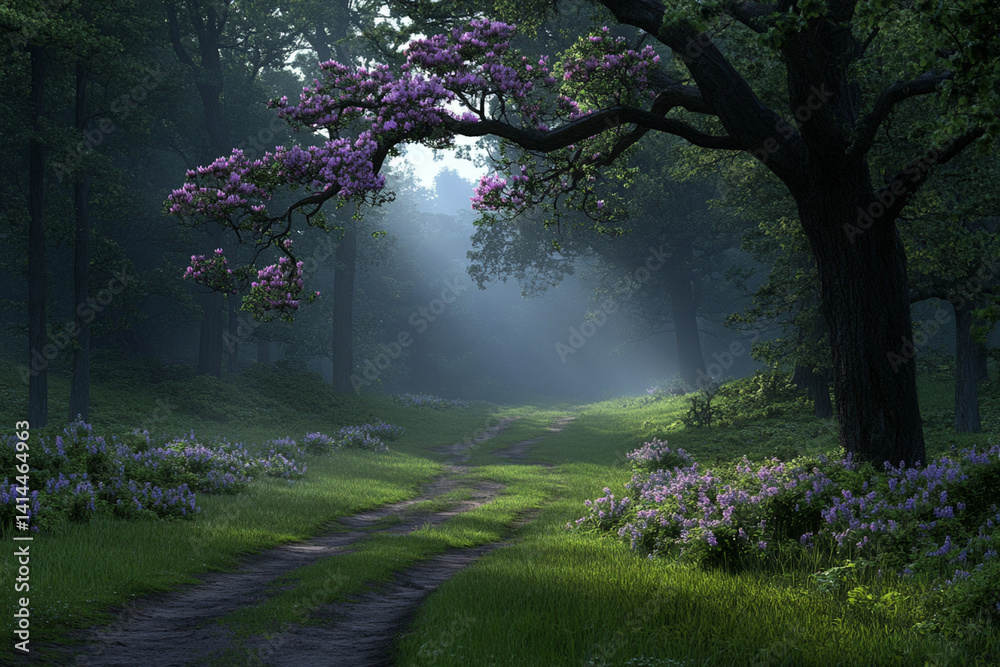 Fototapeta premium Magical forest trail illuminated by soft light and blooming flowers creating a serene atmosphere