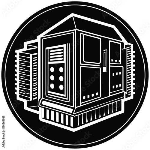 Black & White Illustration of a Victorian-Era Newsstand in a Circular Frame: Vintage Graphic Design, Architectural Detail, Press Stand
