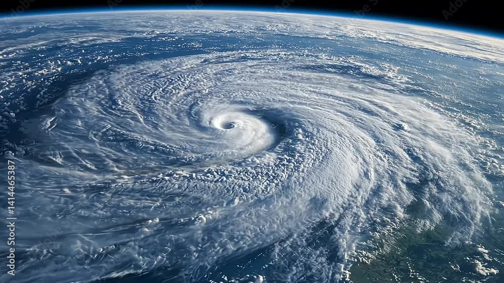 Aerial view of a powerful hurricane swirling over the ocean with clouds and land below