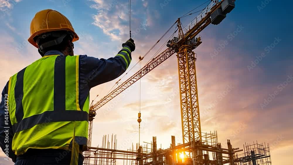 Construction worker directing crane operations at sunset, showcasing a bustling site in the background