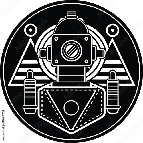 Abstract Robot Art: Black and White Steampunk Style Circular Design Featuring Geometric Shapes and Futuristic Imagery