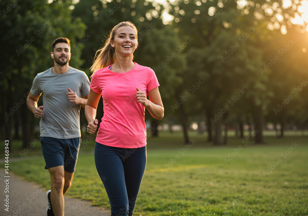 Happy couple jogging together in a park during sunset Happy couple jogging together in a park during sunset