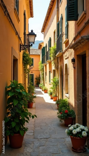Narrow passage, flower pots, Valldemossa Traditional Balearic style , traditional, stone, old town
