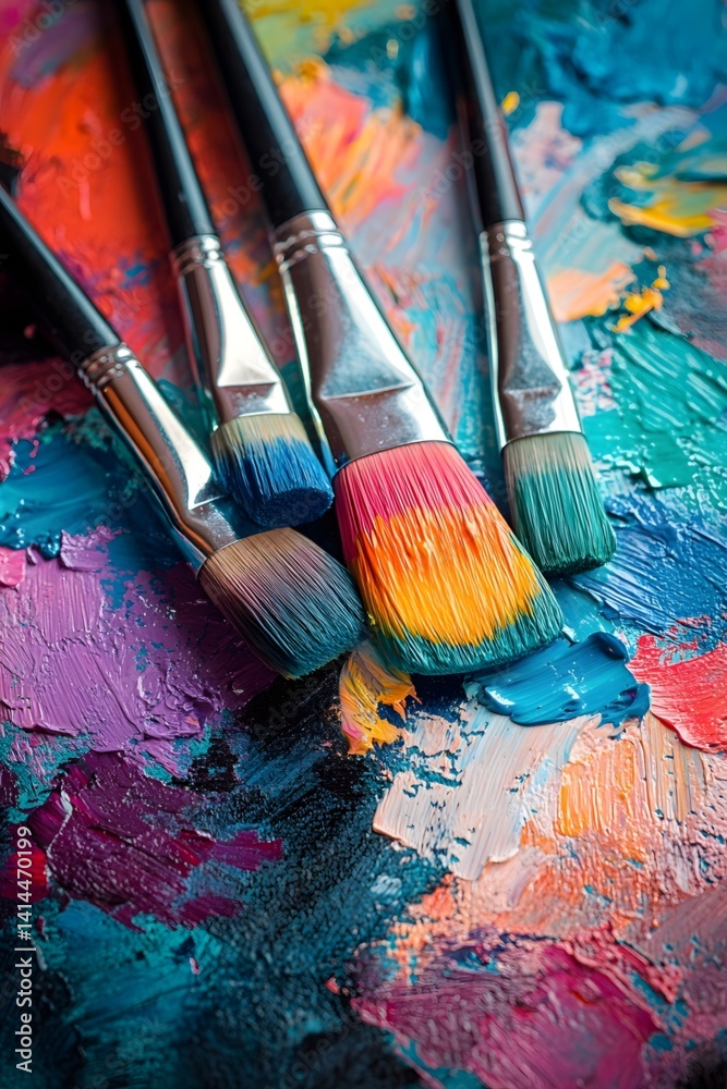 Fototapeta premium Color palettes and brushes in artist studios