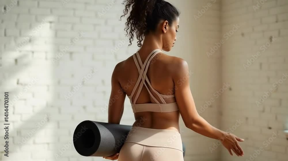 Woman prepares for a yoga session with a mat in a bright studio