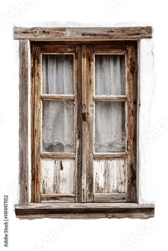 Rustic Wooden Window with Weathered Frame and Lace Curtains Capturing Vintage Charm and Architectural Detail in Natural Light
