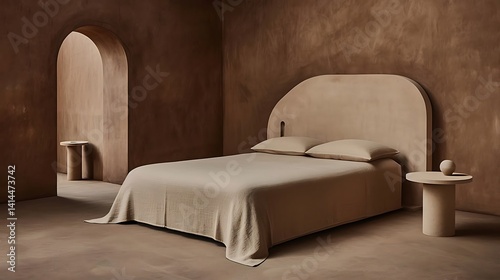 Minimalist bedroom design with archway and warm earthy tones creating a serene atmosphere