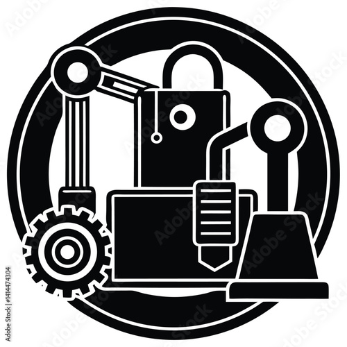 Automation & Security Icon: Robotic Arm, Gear, Padlock, Manufacturing, Black & White Vector Graphic for Industrial Technology