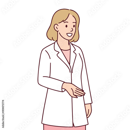 Smiling female doctor with light hair stands in white coat. She radiates friendliness and professionalism, ready to support patients and healthcare team