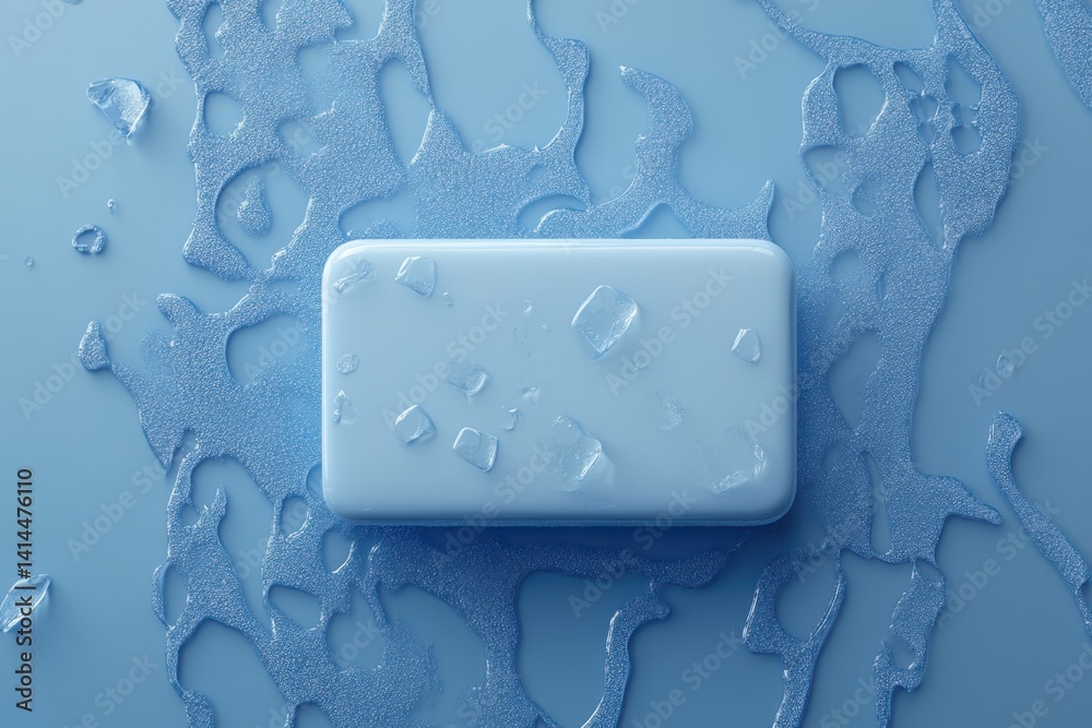 Minimalist soap bar with ice cubes on a light blue background offering a refreshing and clean aesthetic perfect for hygiene and beauty product advertising