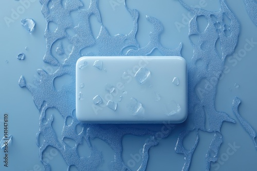 Obraz na płótnie Minimalist soap bar with ice cubes on a light blue background offering a refreshing and clean aesthetic perfect for hygiene and beauty product advertising w salonie