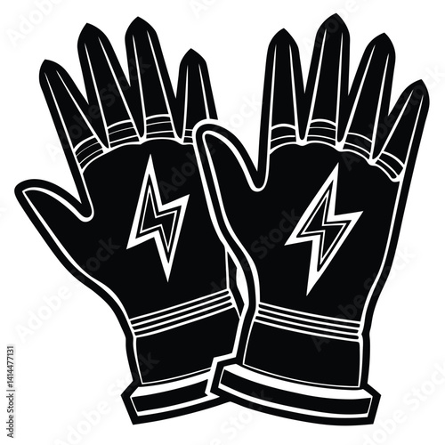 Black and White Graphic Illustration of Protective Electrical Gloves with Lightning Bolt Symbol for Safety and Industrial Use