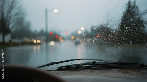 The blurred view through a rain-splattered car windshield reveals red traffic lights and a misty evening road.