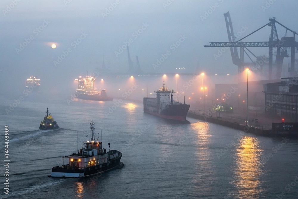Fototapeta premium Foggy port with ships symbolizes business uncertainty from changing tariffs and trade policies.