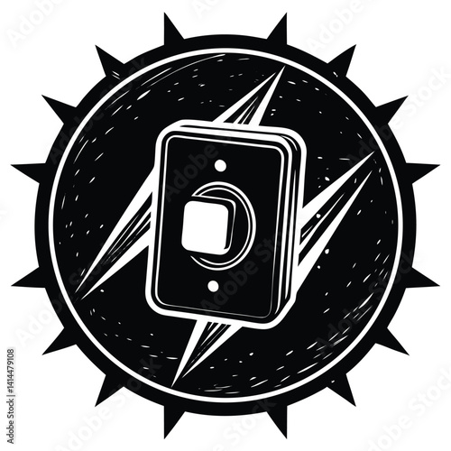 Black and White Switch Icon: Grunge Style Electrical Toggle Button Graphic with Circular Spiked Border for Website or App Design
