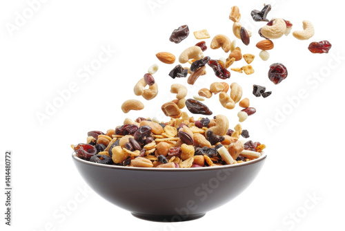 Colorful mix of dried fruits and nuts cascades into a rustic bowl against a clean background