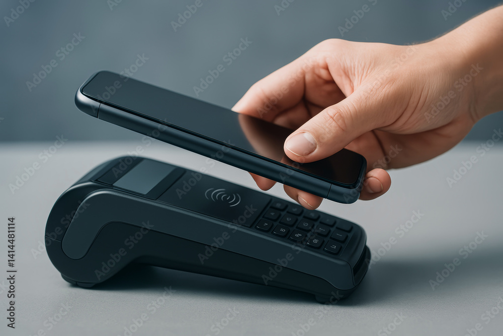 Contactless Mobile Payment. Close up of smartphone hovering over a contactless payment terminal, representing modern NFC mobile transaction technology. Contactless Mobile Payment. Close up of smartphone hovering over a contactless payment terminal, representing modern NFC mobile transaction technology.