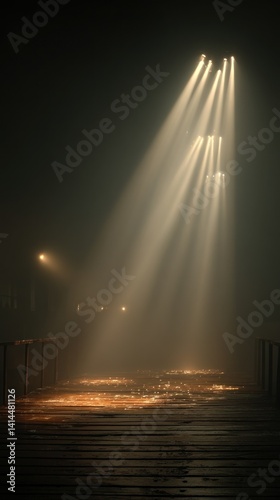 Foggy night scene  beams shine through damp wooden pathway  creating a surreal look
