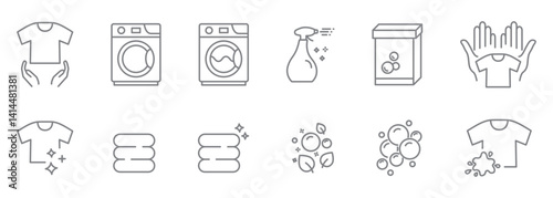 Laundry self service line icons editable stroke isolated on transparent background. Clean clothes linear icons. Washing machine, washing powder, detergent, clean t-shirt, soap bubbles, others icons.