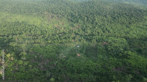 Aerial orbit shot of lush tropical forest meeting cultivated farmland in a remote jungle valley with a dirt road cutting through the landscape photo