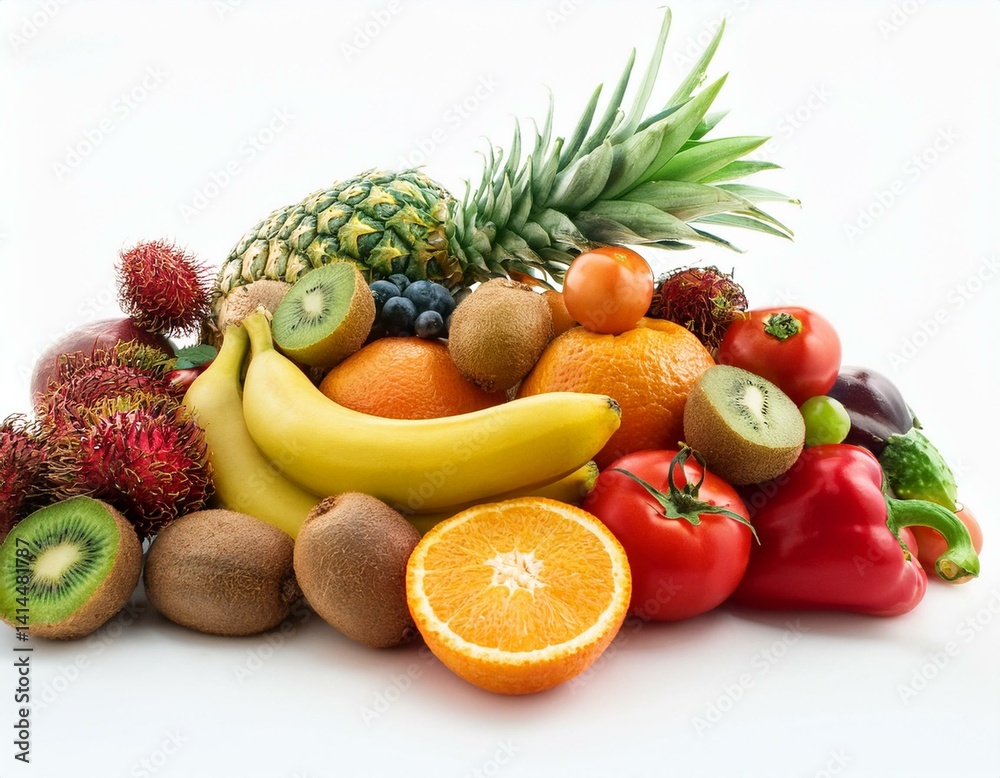Group of tropical fresh fruits and vegetables isolated on white background, Group of tropical fresh fruits and vegetables isolated on white background,