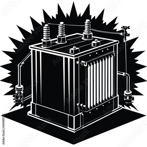 Black and White Vector Illustration of an Electrical Power Transformer with Lightning Background for Industrial Safety Graphics