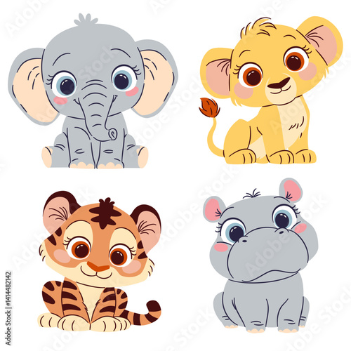 A set of cute vector illustrations in a simple childish style. Safari animals. Cute tiger cub, lion cub, elephant cub and hippo with big eyes . Vector illustration