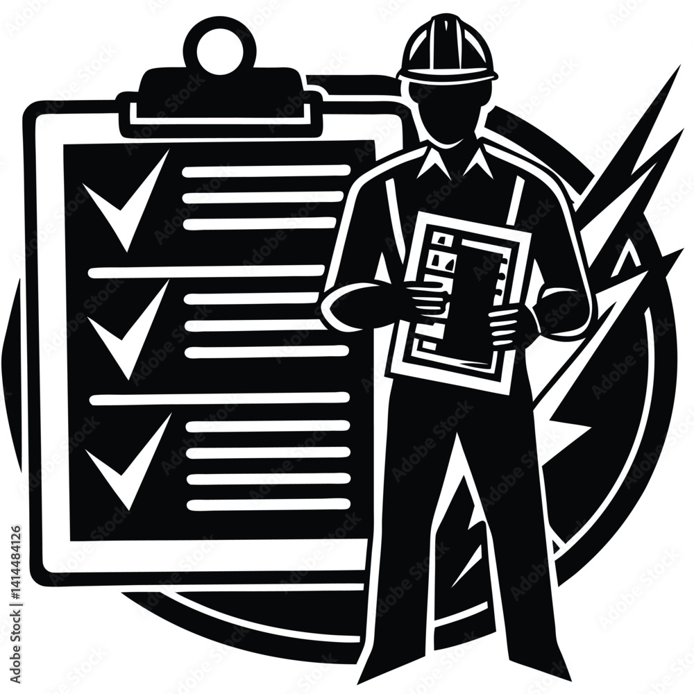 Construction Inspector Checklist Vector Graphic: Building Inspection, Safety Compliance, Contractor, Quality Control, Black and White Icon Construction Inspector Checklist Vector Graphic: Building Inspection, Safety Compliance, Contractor, Quality Control, Black and White Icon