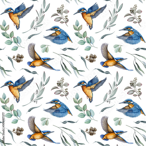 Kingfisher birds with eucalyptus twigs decor seamless pattern on white background. Watercolor hand drawn realistic illustration. Bright birds, eucalyptus leaves background seamless pattern