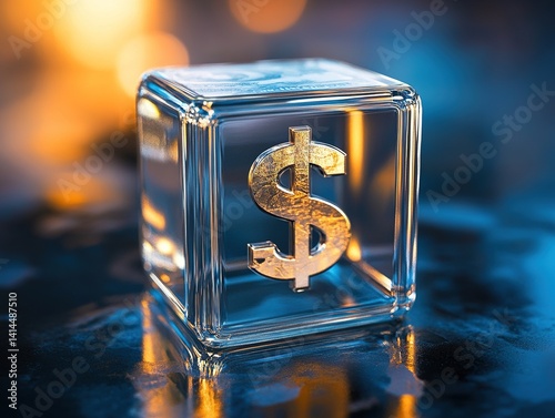 Transparent Glass Cube with Dollar Sign Inside, Studio Lighting Reflection for Financial Concept