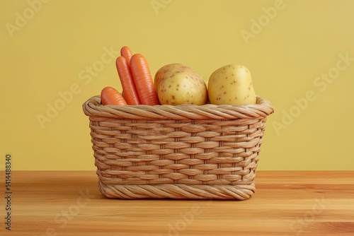 Woven basket filled with fresh potatoes and carrots. photo