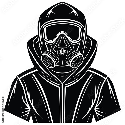 Black and White Vector Image of Person in Hazmat Suit with Gas Mask | Protective Gear Illustration | Safety & Security Graphic