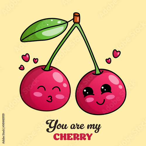 Cherry berry funny hand drawn illustration. Kawaii cute cherry couple in love. Flat character.
