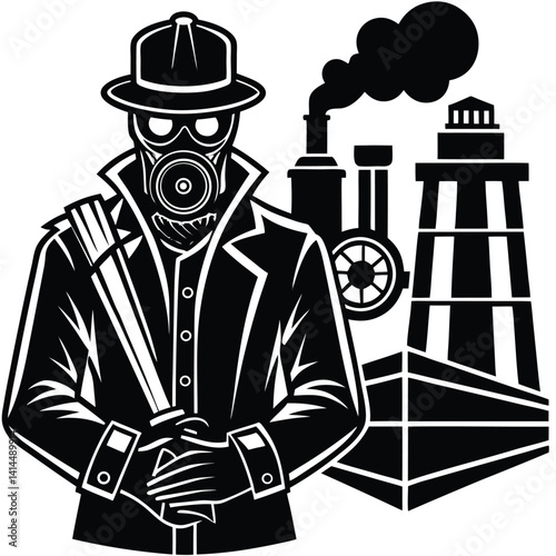 Steampunk Character with Gas Mask, Coat & Hat Illustration: Vintage Industrial Art Featuring Lighthouse & Steam Engine Design in Black & White