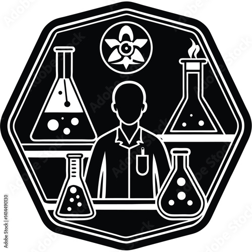Black and White Science Lab Icon: Scientist, Beakers, Flasks, Chemical Experiment Illustration, Vector Graphic, Science Education Symbol