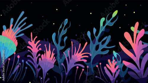 Colorful abstract neon plants against starry night sky flat vector illustration